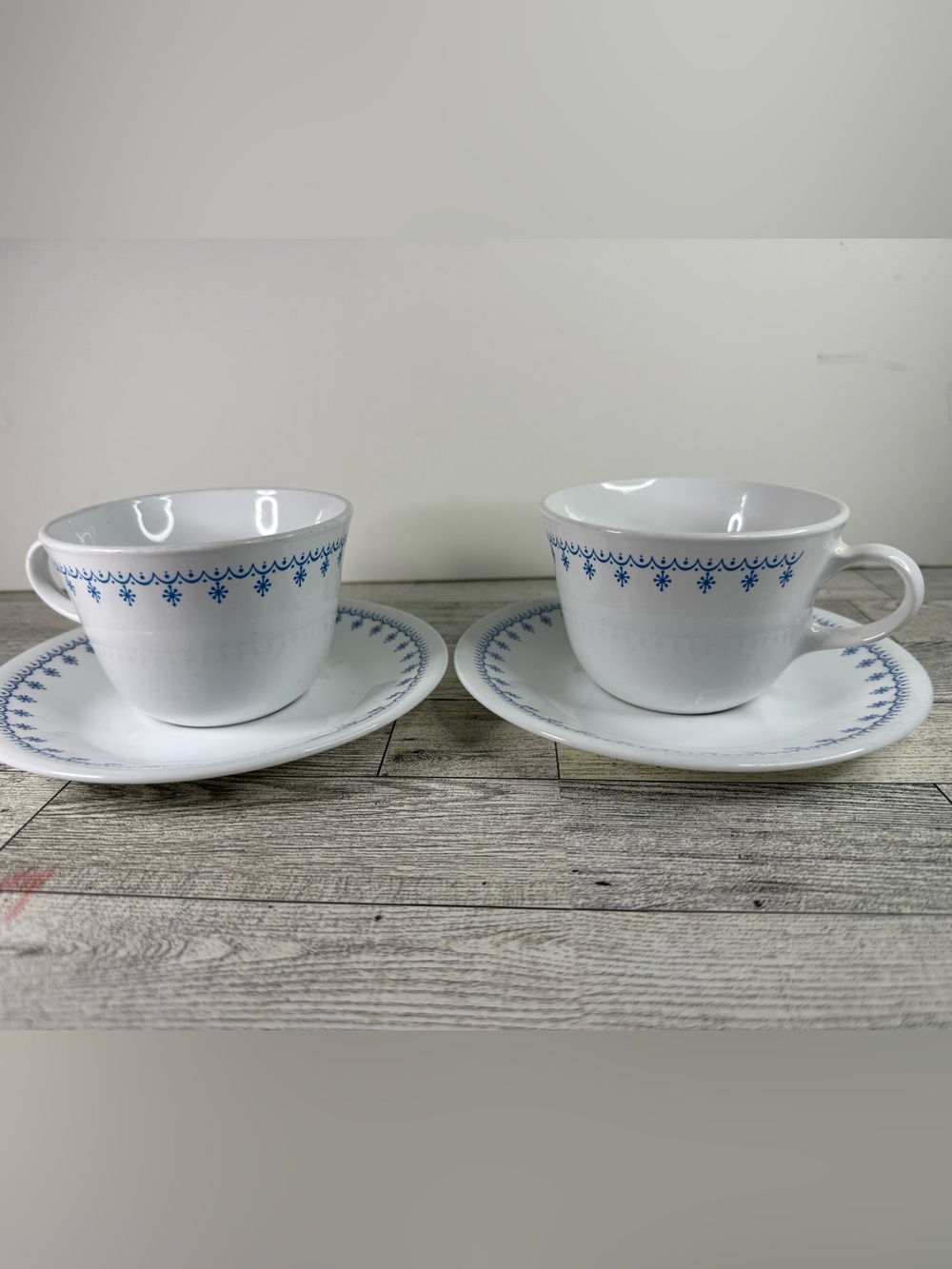 Set of 2 vintage snowflake blue Corelle cups and saucers